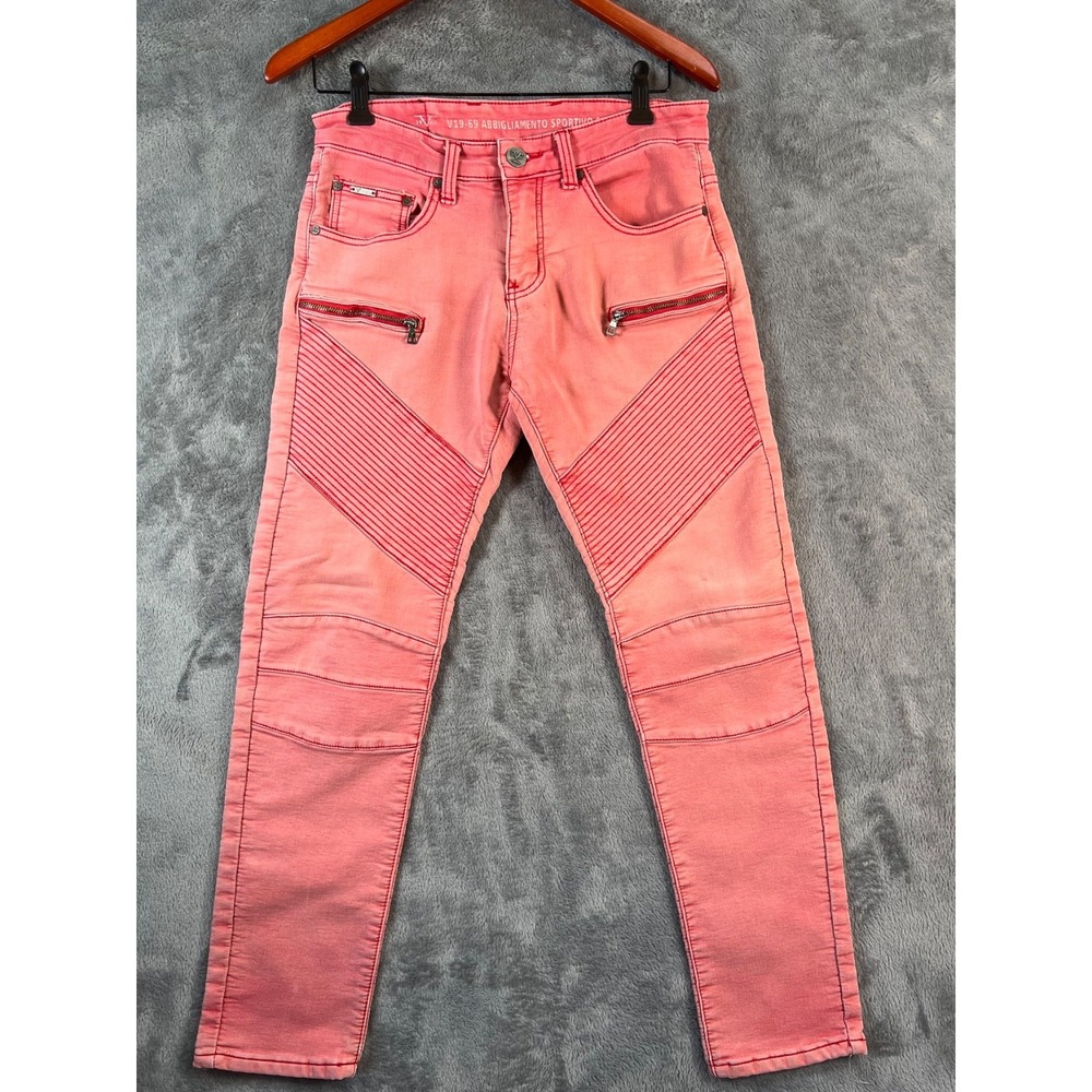 Versace V19-69 Biker Jeans Mens 30x27 Pink Stretch Faded Distressed